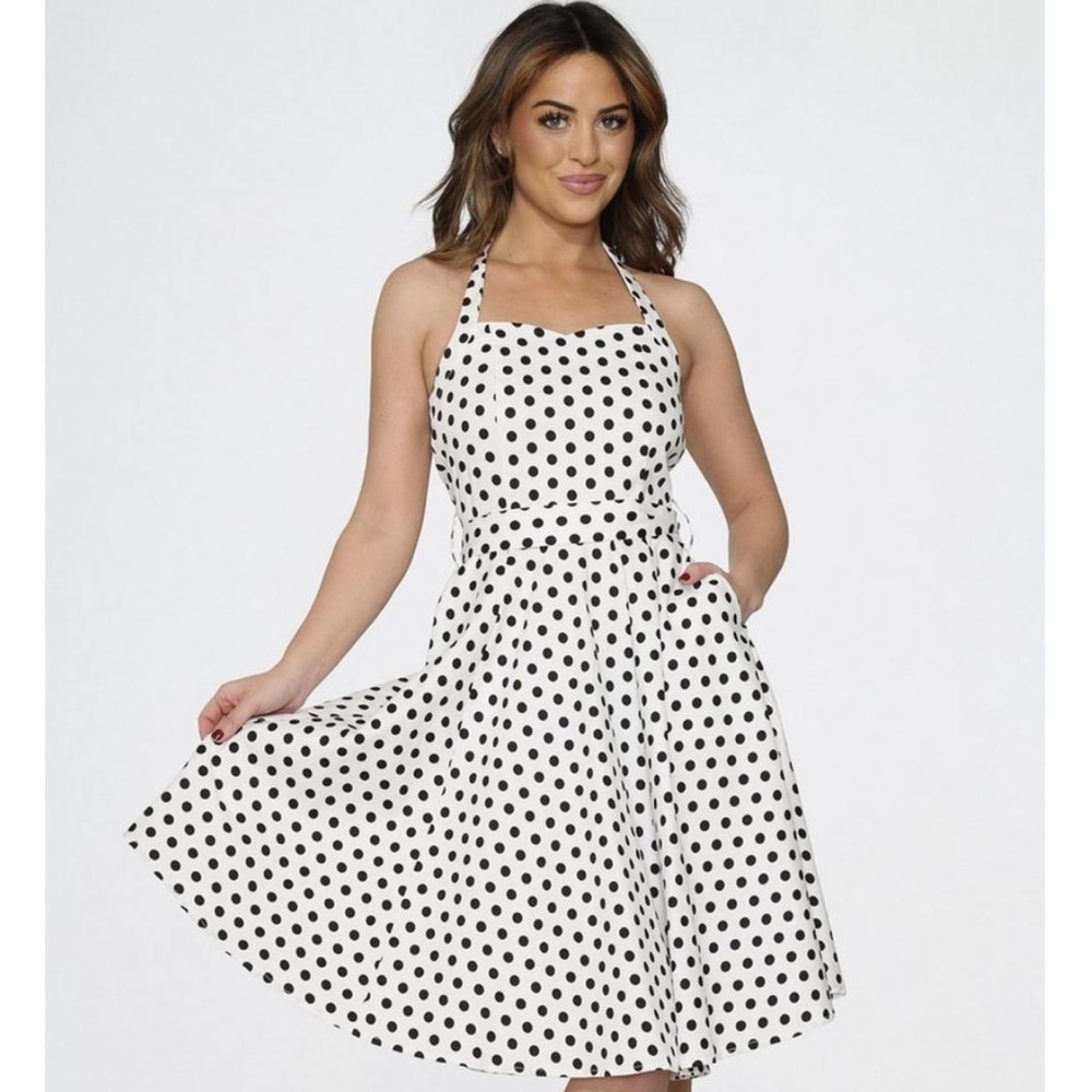 White Black Polka Dot Halter Dress